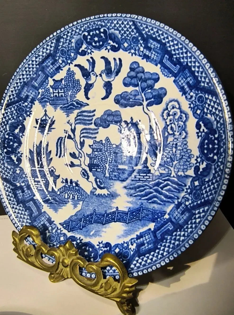 1853.  Saucer in Japanese Blue Willow Transfer Ware Style Blue White